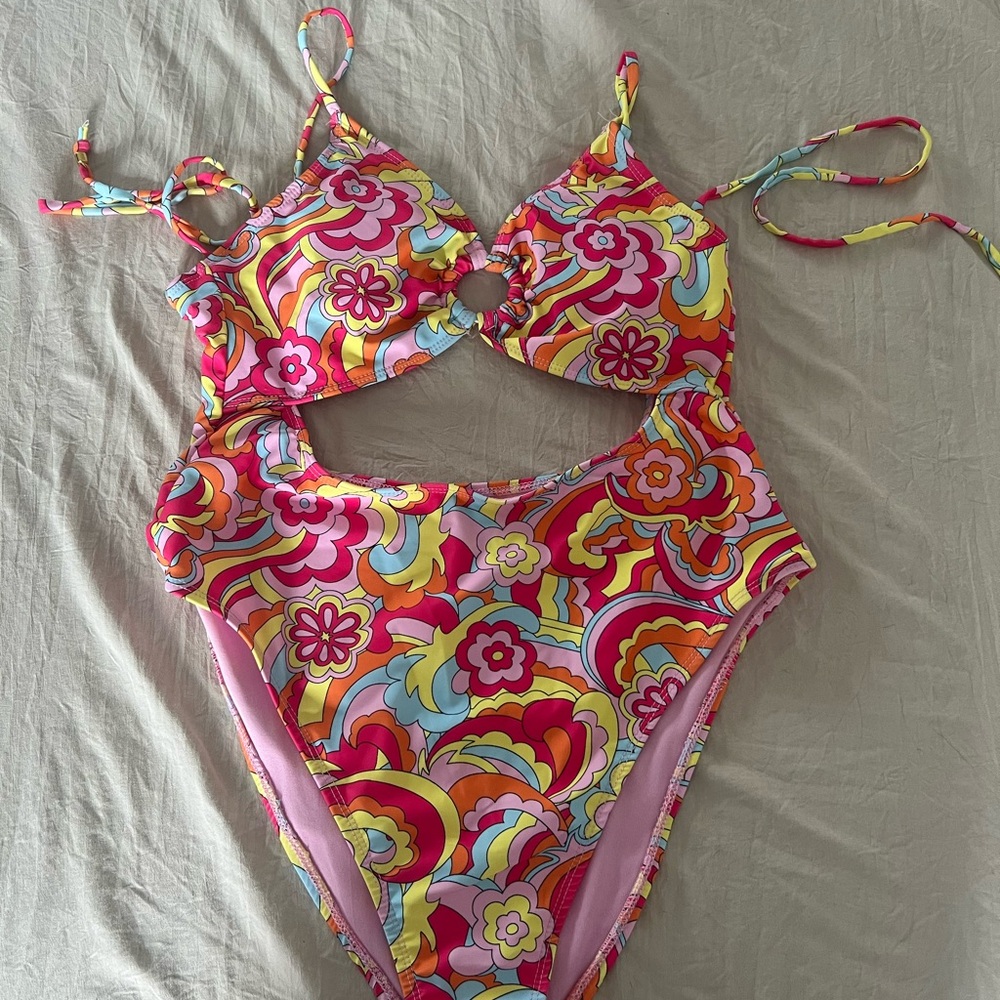 Neon retro floral one piece swimsuit monokini high cut leg pink size large